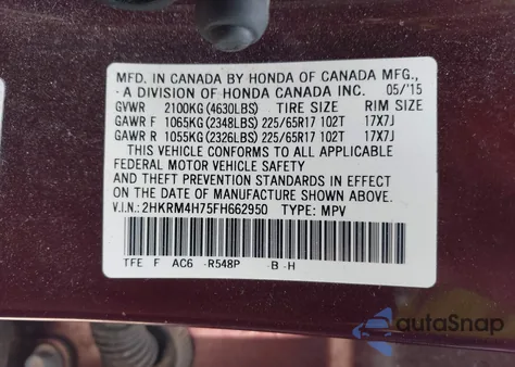 2015 Honda Cr-V Ex-L z USA, uszkodzony, nr VIN 2HKRM4H75FH662950